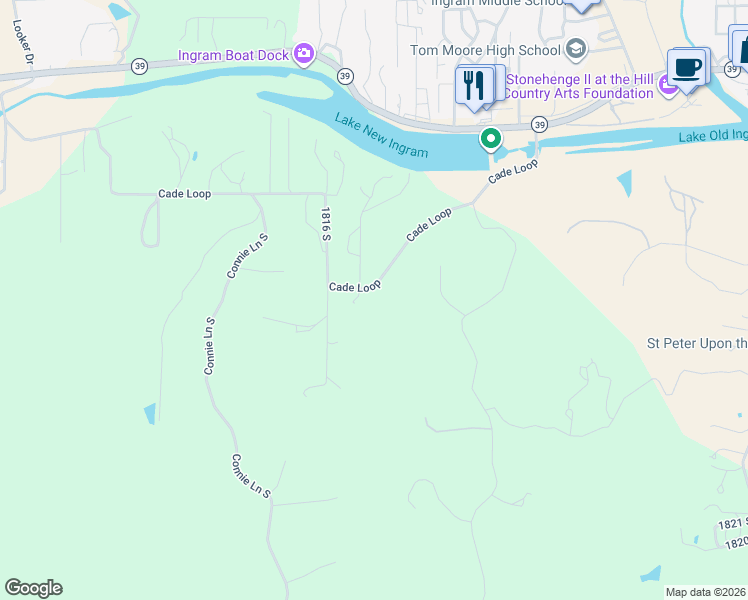 map of restaurants, bars, coffee shops, grocery stores, and more near 230 Cade Loop in Ingram