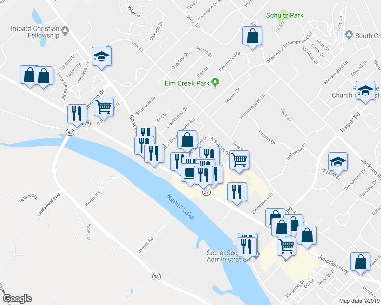 map of restaurants, bars, coffee shops, grocery stores, and more near 19 West Sunset Drive in Kerrville