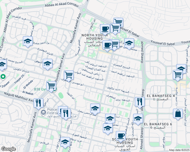map of restaurants, bars, coffee shops, grocery stores, and more near ابو موسى الاشعري in New Cairo 1