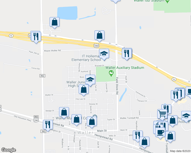 map of restaurants, bars, coffee shops, grocery stores, and more near 1833 Ross in Waller