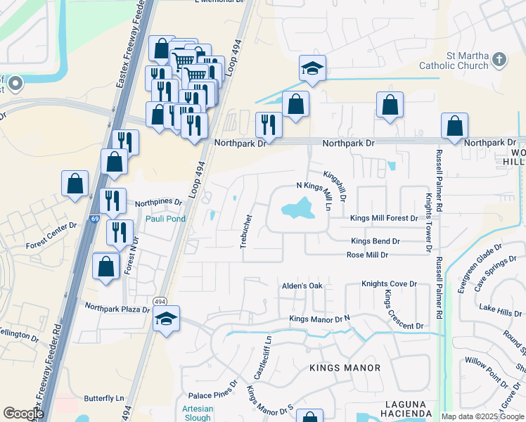 map of restaurants, bars, coffee shops, grocery stores, and more near 21297 South Kings Mill Lane in Montgomery County