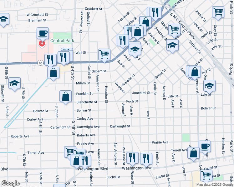map of restaurants, bars, coffee shops, grocery stores, and more near 2285 Franklin Street in Beaumont