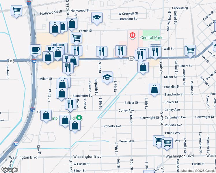 map of restaurants, bars, coffee shops, grocery stores, and more near 3350 Blanchette Street in Beaumont