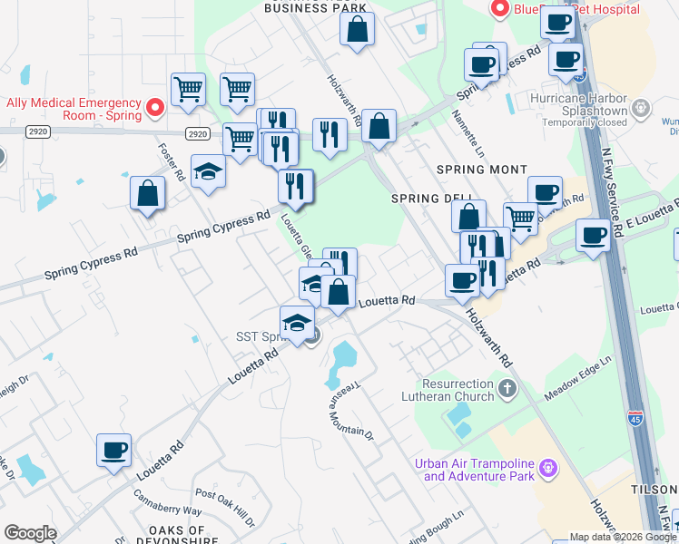 map of restaurants, bars, coffee shops, grocery stores, and more near 20631 Alfonso Court in Spring