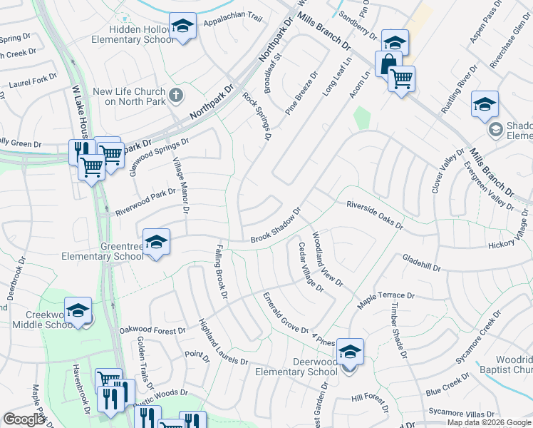map of restaurants, bars, coffee shops, grocery stores, and more near 4002 Hill Springs Drive in Houston
