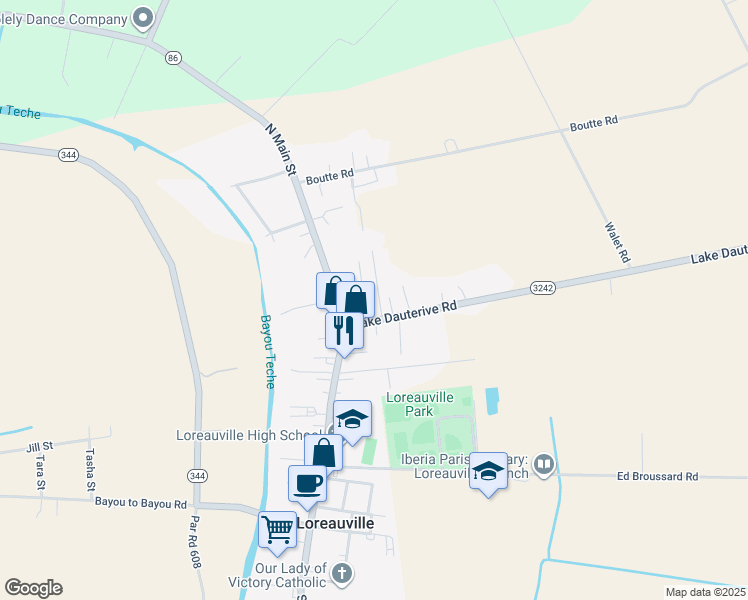 map of restaurants, bars, coffee shops, grocery stores, and more near 109 Landry Street in Loreauville