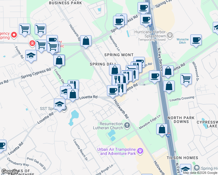 map of restaurants, bars, coffee shops, grocery stores, and more near 20525 Holzwarth Road in Spring