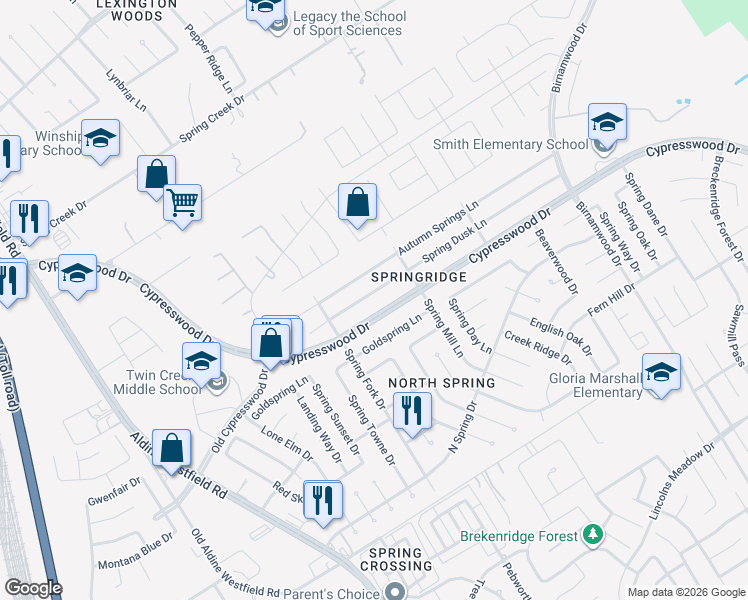 map of restaurants, bars, coffee shops, grocery stores, and more near 2330 Spring Dusk Drive in Spring