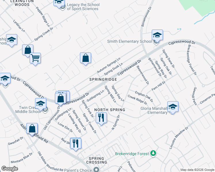 map of restaurants, bars, coffee shops, grocery stores, and more near 2438 Goldspring Lane in Spring