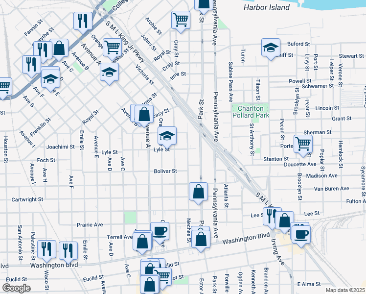 map of restaurants, bars, coffee shops, grocery stores, and more near 2315 Neches Street in Beaumont