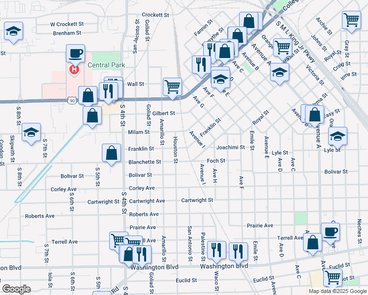 map of restaurants, bars, coffee shops, grocery stores, and more near 2285 Franklin Street in Beaumont