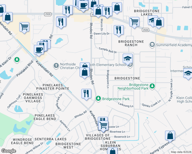 map of restaurants, bars, coffee shops, grocery stores, and more near 20524 Rhodes Road in Spring