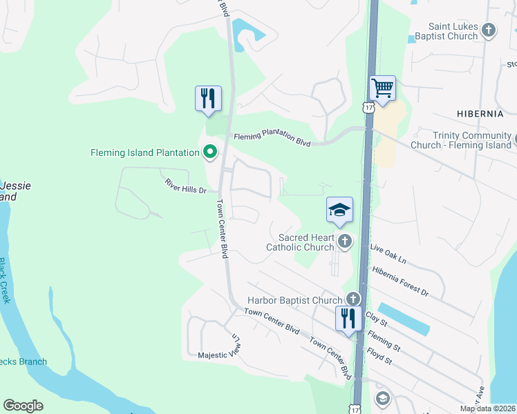 map of restaurants, bars, coffee shops, grocery stores, and more near 1860D Green Springs Circle in Orange Park