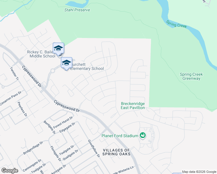 map of restaurants, bars, coffee shops, grocery stores, and more near 5431 Tuscany Hills Lane in Spring