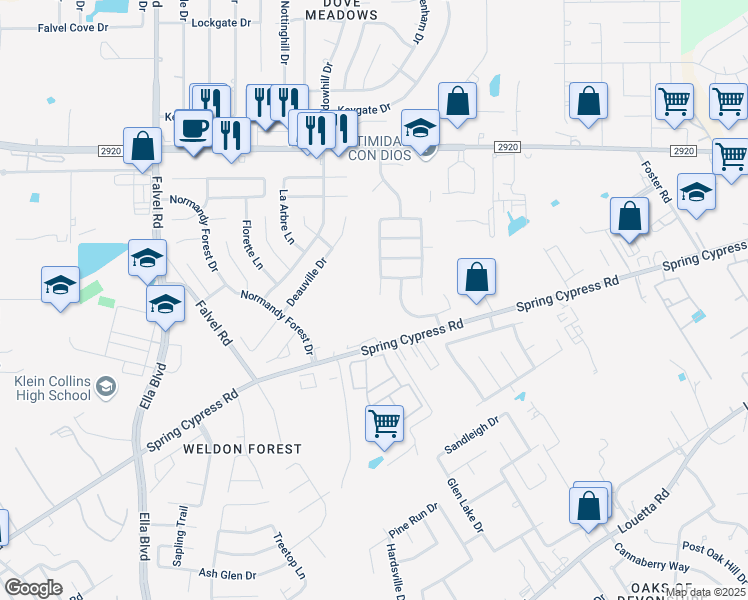 map of restaurants, bars, coffee shops, grocery stores, and more near 20903 Coral Bridge Lane in Spring
