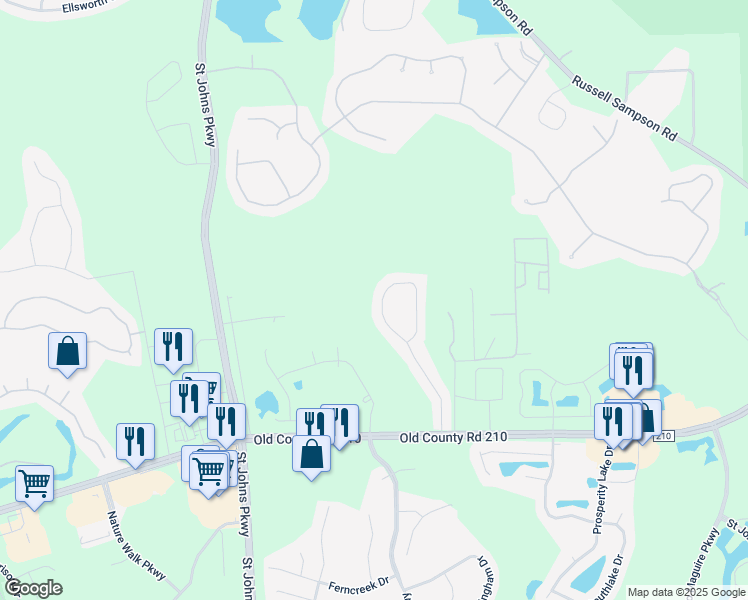 map of restaurants, bars, coffee shops, grocery stores, and more near 233 Johns Glen Drive in Saint Johns