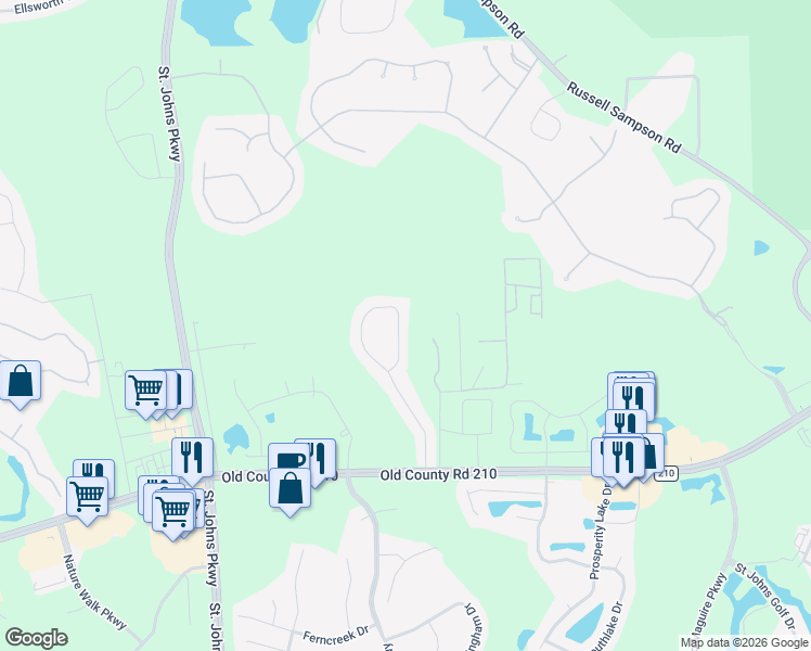 map of restaurants, bars, coffee shops, grocery stores, and more near 297 Johns Glen Drive in Saint Johns