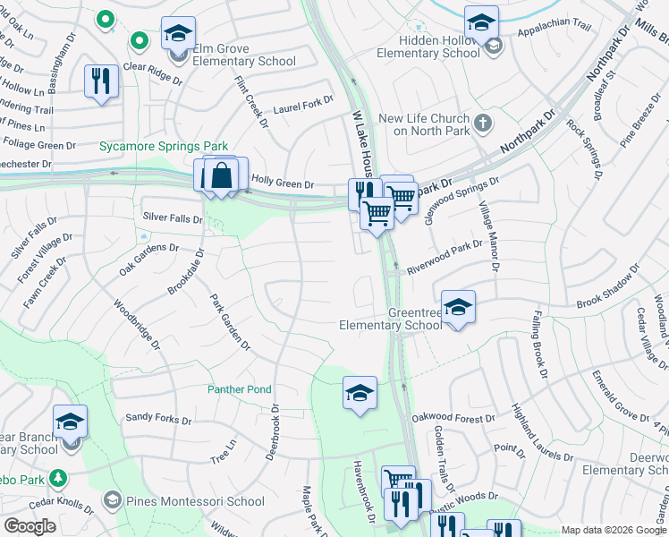 map of restaurants, bars, coffee shops, grocery stores, and more near 4031 Buckeye Creek Road in Humble