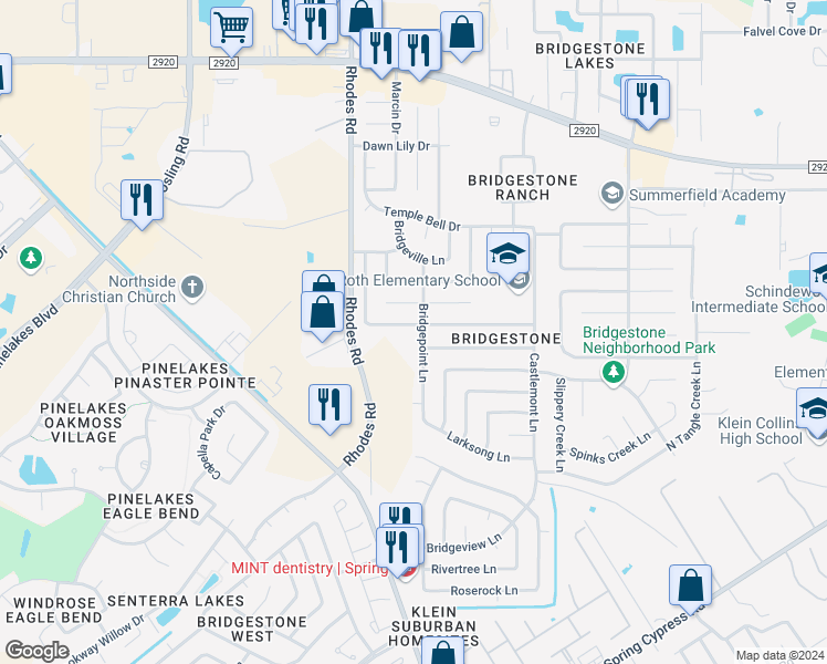 map of restaurants, bars, coffee shops, grocery stores, and more near 4907 Bridgemont Lane in Spring