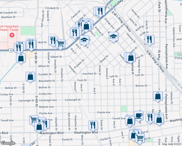 map of restaurants, bars, coffee shops, grocery stores, and more near 1560 Avenue F in Beaumont