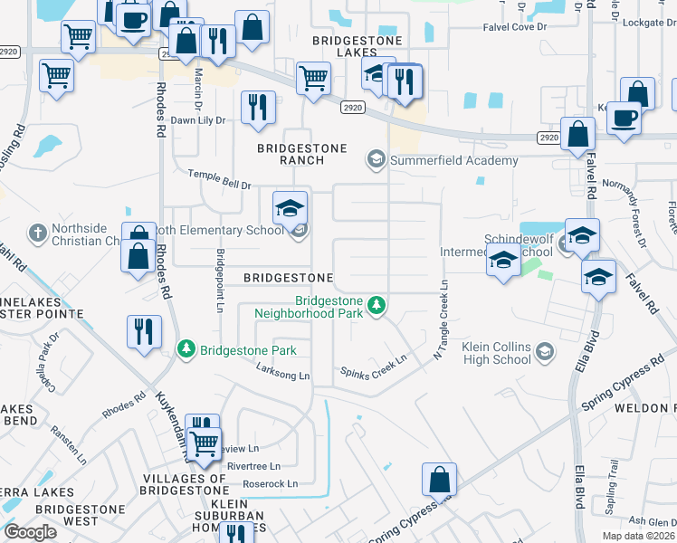 map of restaurants, bars, coffee shops, grocery stores, and more near 21502 Slippery Creek Lane in Spring