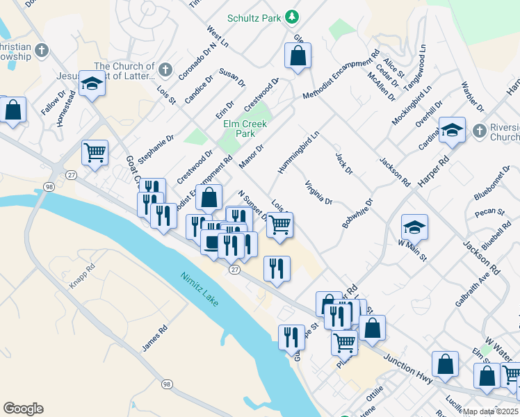 map of restaurants, bars, coffee shops, grocery stores, and more near 3 North Sunset Drive in Kerrville
