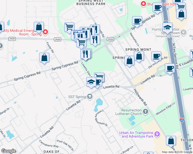 map of restaurants, bars, coffee shops, grocery stores, and more near 20631 Alfonso Court in Spring