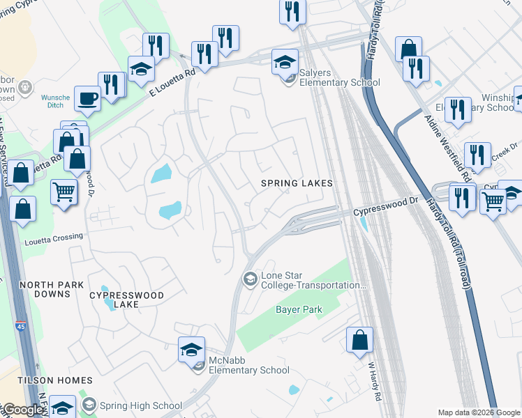 map of restaurants, bars, coffee shops, grocery stores, and more near 25519 Buffalo Springs Court in Spring