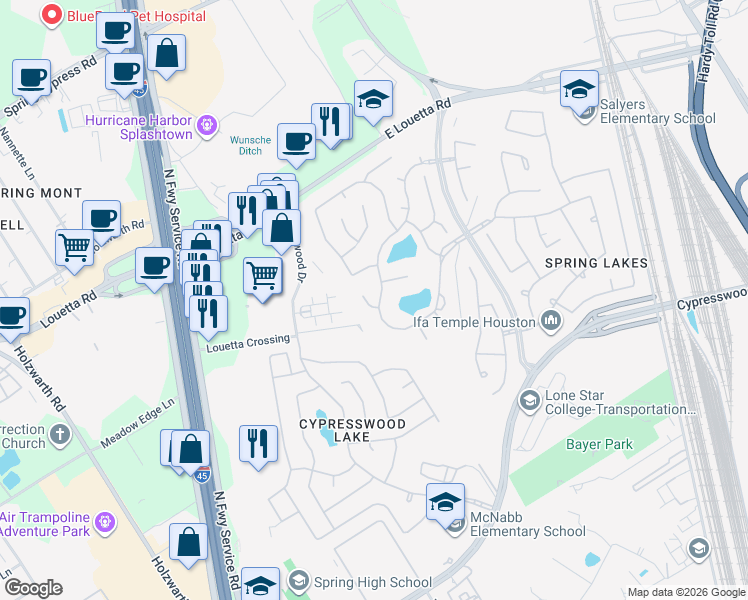 map of restaurants, bars, coffee shops, grocery stores, and more near 402 Spring Lakes Haven in Spring