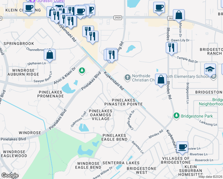 map of restaurants, bars, coffee shops, grocery stores, and more near 20310 Cembra Walk in Spring