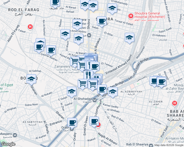 map of restaurants, bars, coffee shops, grocery stores, and more near Al Teraa Al Bolakia in Al Azbakeyah