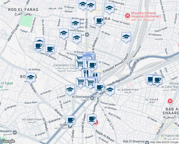 map of restaurants, bars, coffee shops, grocery stores, and more near 10 Al Teraa Al Bolaqeya in Al Azbakeyah