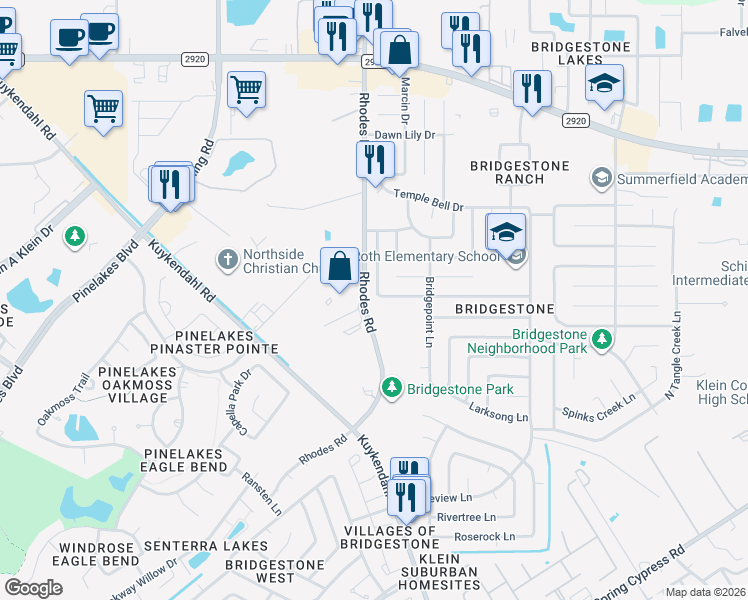 map of restaurants, bars, coffee shops, grocery stores, and more near 20524 Rhodes Road in Spring