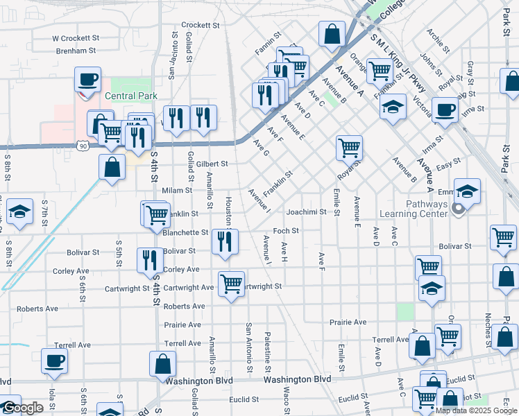 map of restaurants, bars, coffee shops, grocery stores, and more near 2265 Blanchette Street in Beaumont