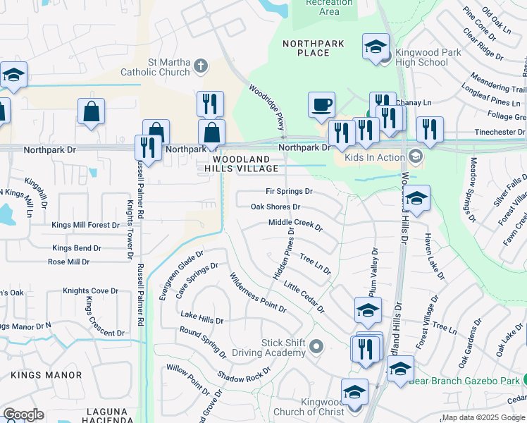 map of restaurants, bars, coffee shops, grocery stores, and more near 2022 Middle Creek Drive in Humble