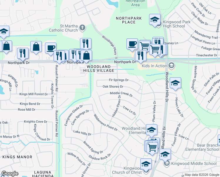 map of restaurants, bars, coffee shops, grocery stores, and more near 2046 Oak Shores Drive in Humble