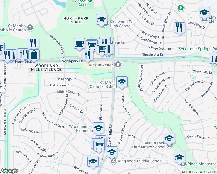 map of restaurants, bars, coffee shops, grocery stores, and more near 2222 Riverford Drive in Humble