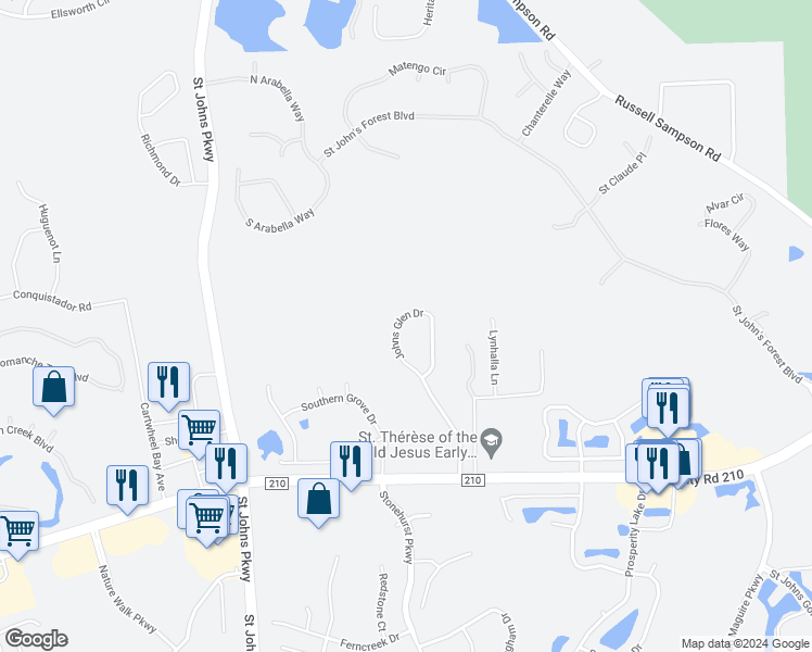 map of restaurants, bars, coffee shops, grocery stores, and more near 244 Johns Glen Drive in Saint Johns