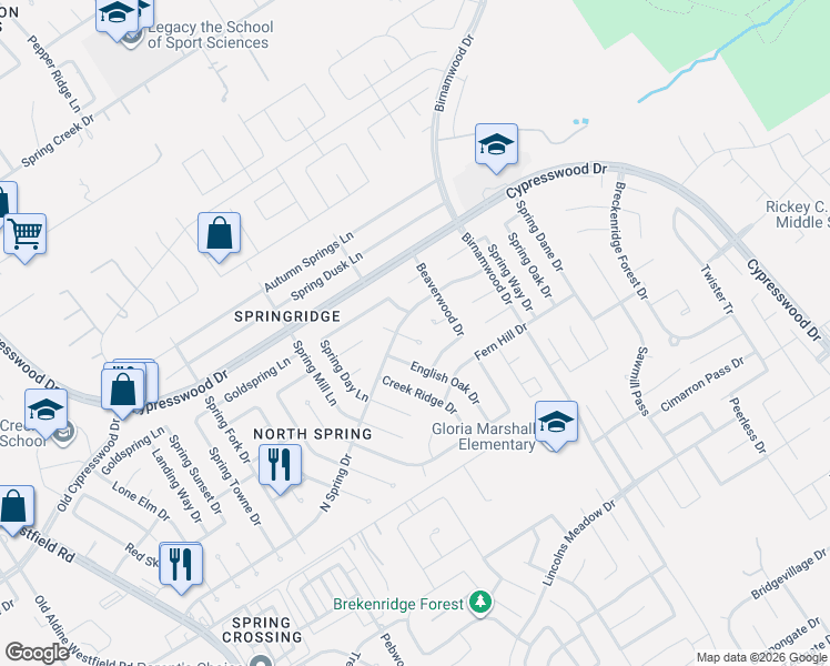map of restaurants, bars, coffee shops, grocery stores, and more near 23930 English Oak Drive in Spring