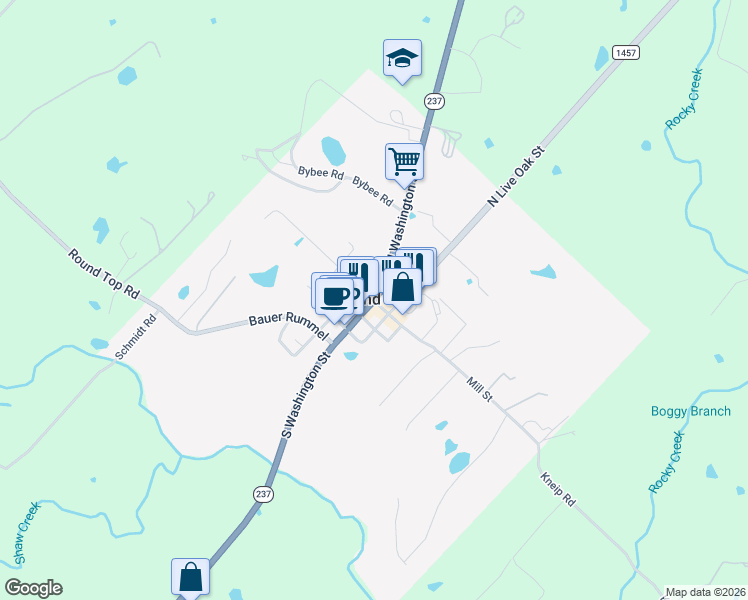 map of restaurants, bars, coffee shops, grocery stores, and more near 4212 Texas 237 in Round Top