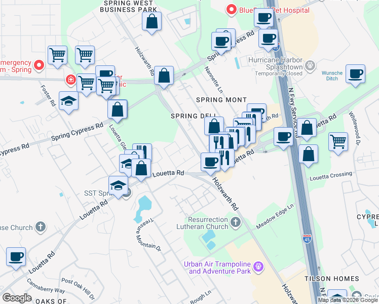 map of restaurants, bars, coffee shops, grocery stores, and more near 20525 Holzwarth Road in Spring