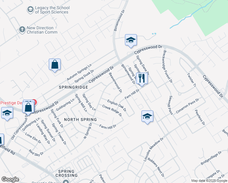 map of restaurants, bars, coffee shops, grocery stores, and more near 2622 Brown Hill Drive in Spring