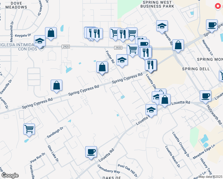 map of restaurants, bars, coffee shops, grocery stores, and more near 2540 Spring Cypress Road in Spring