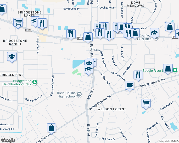 map of restaurants, bars, coffee shops, grocery stores, and more near 20903 Ella Boulevard in Spring