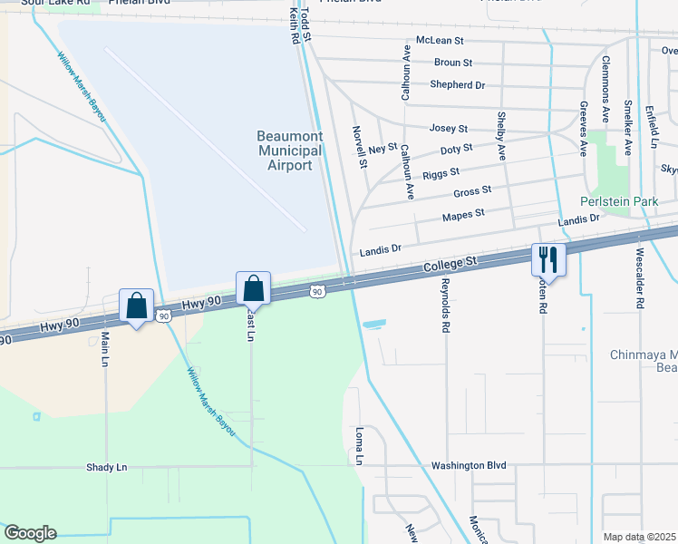 map of restaurants, bars, coffee shops, grocery stores, and more near 11301 Keith Road in Beaumont