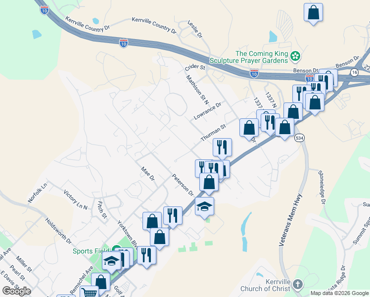 map of restaurants, bars, coffee shops, grocery stores, and more near 421 Roy Street in Kerrville