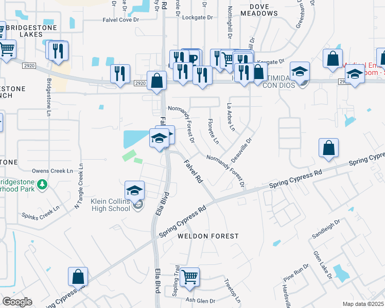 map of restaurants, bars, coffee shops, grocery stores, and more near 20910 Normandy Forest Drive in Spring