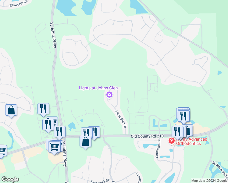 map of restaurants, bars, coffee shops, grocery stores, and more near 268 Johns Glen Drive in Saint Johns