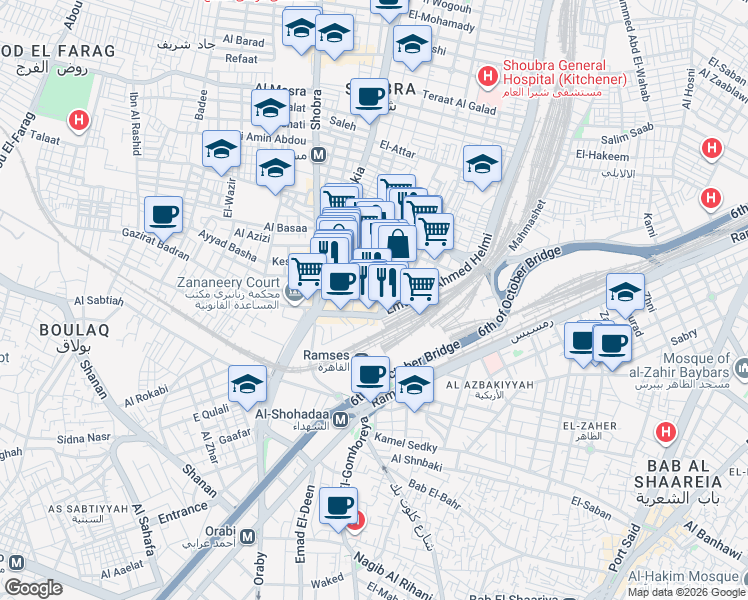 map of restaurants, bars, coffee shops, grocery stores, and more near Naaoum in Shobra