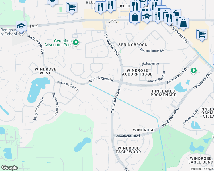 map of restaurants, bars, coffee shops, grocery stores, and more near T T C Jester Boulevard in Spring